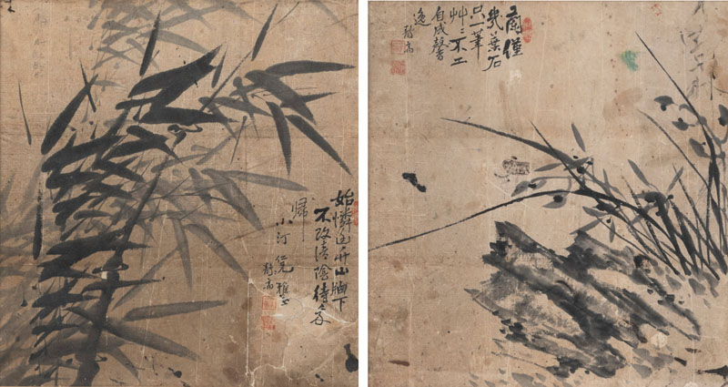 <b>Zwei Tuschmalereien auf Papier mit Darstellung von Bambus and Orchidee</b>