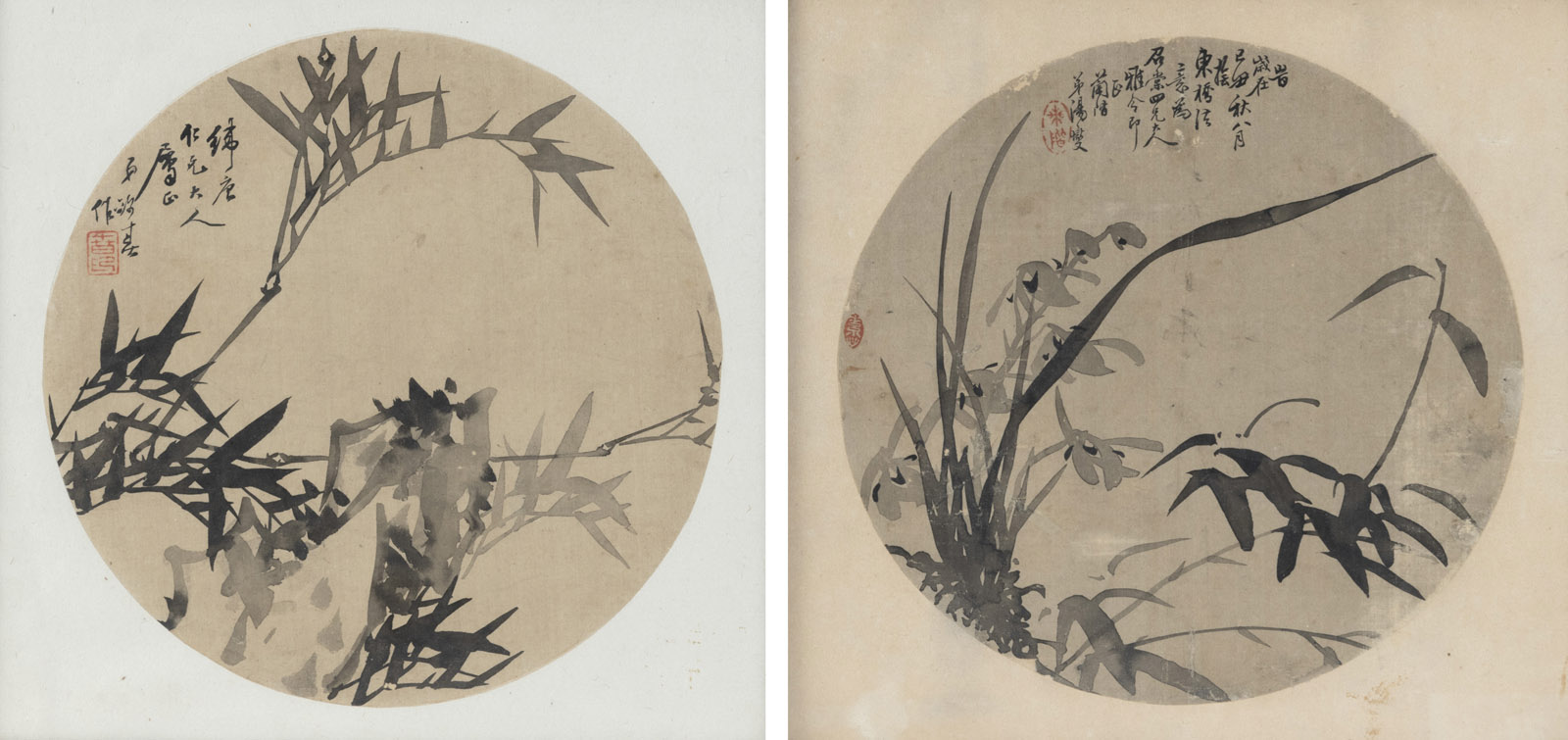 <b>Zwei Rundfächerbilder mit Bambus und Orchidee. Tusche auf Seide</b>