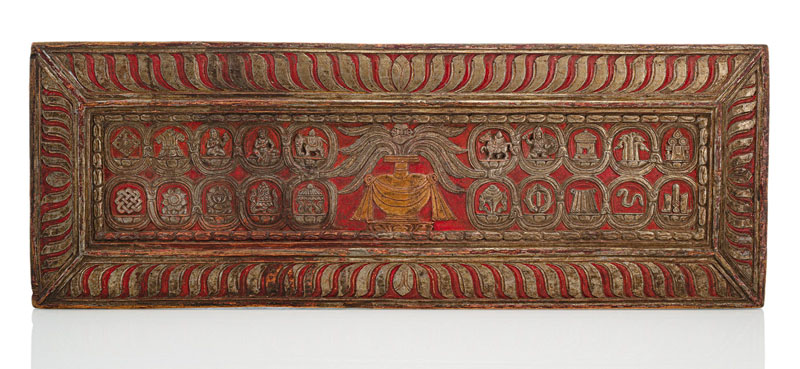 <b>A PARCEL GILT- , SILVER- AND RED-COLOURED WOOD MANUSCRIPT COVER</b>
