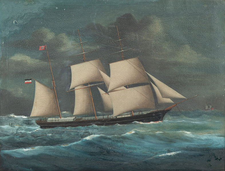 <b>AN OIL PAINTING OF A THREE-MASTED SHIP SAILING UNDER A GERMAN FLAG</b>