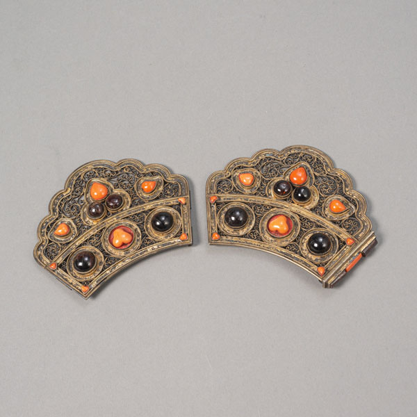 <b>TWO OPENWORK CORAL-INLAID PARTS OF A CROWN</b>