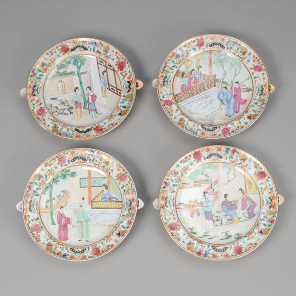 <b>FOUR 'FAMILLE ROSE' FIGURAL PORCELAIN WARMING PLATES</b>