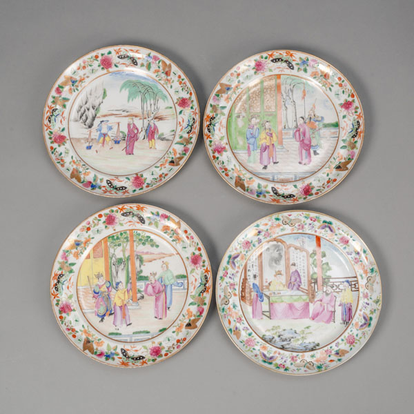 <b>FOUR 'FAMILLE ROSE' FIGURAL PORCELAIN PLATES</b>