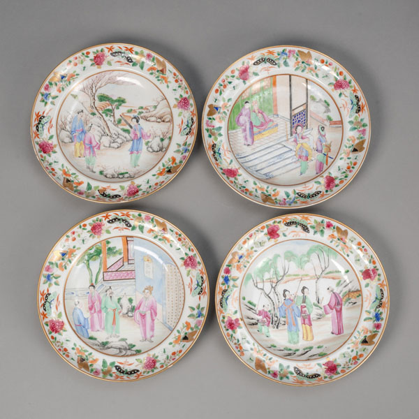 <b>FOUR FIGURAL 'FAMILLE ROSE' PORCELAIN DEEP PLATES</b>