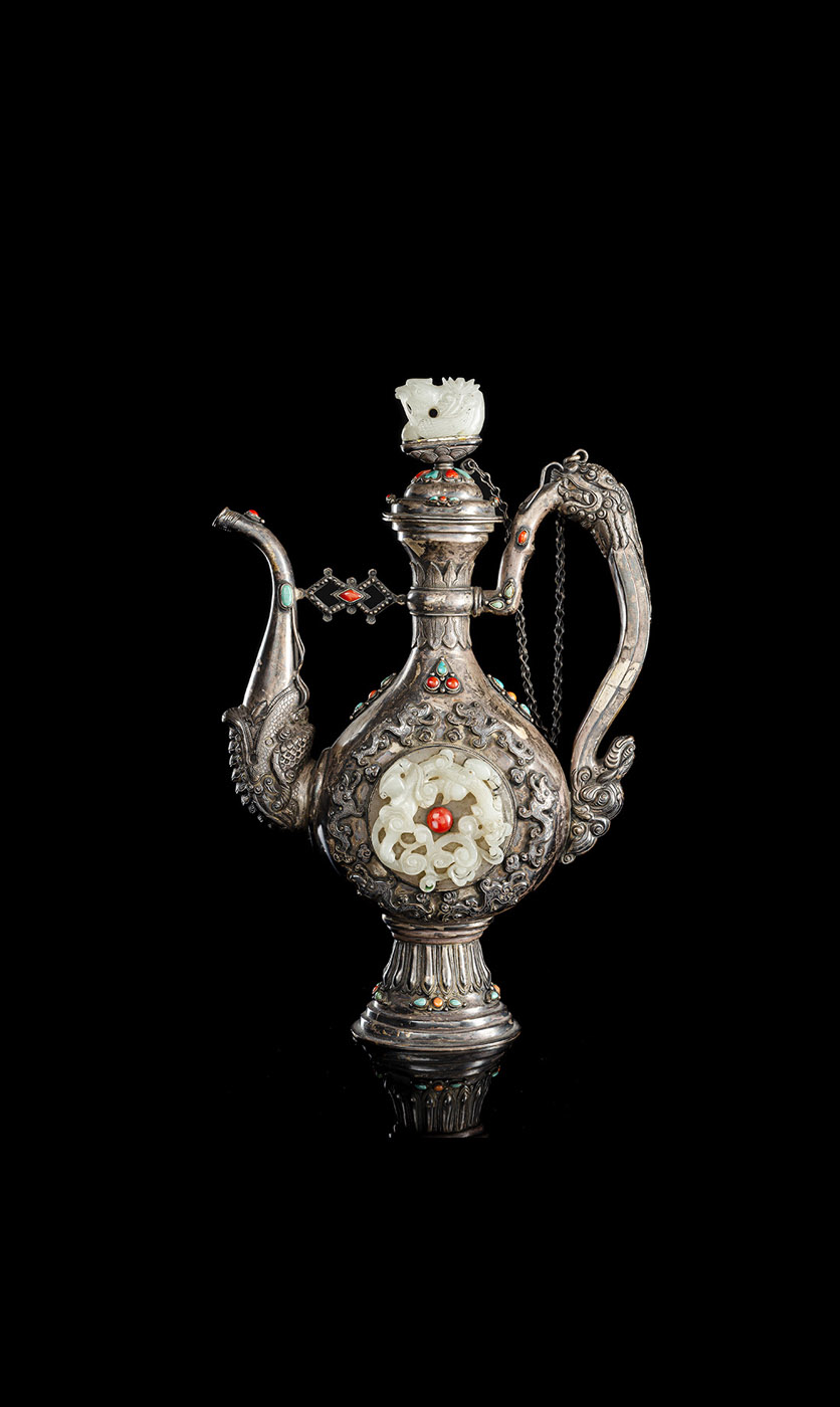 <b>A JADE AND SEMI-PRECIOUS INLAID SILVER EWER</b>