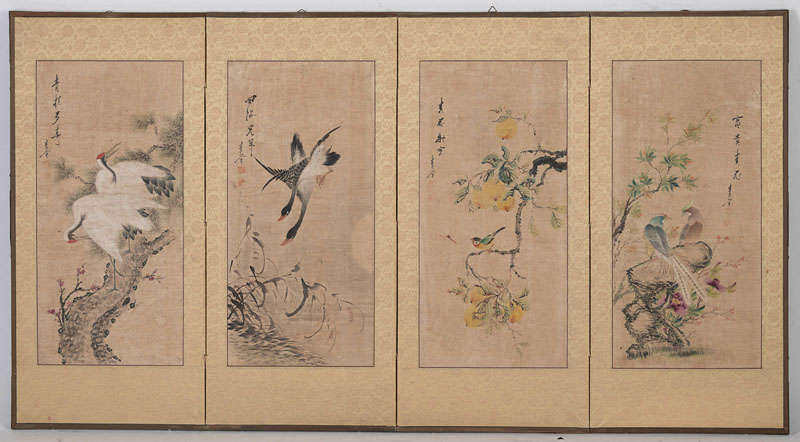<b>A FOUR-PART SCREEN WITH PAINTINGS OF AUSPICIOUS BIRDS AND PLANTS, E.G. CRANES, PHEASANTS, PINES</b>