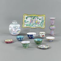 <b>A GROUP OF EIGHT CANTONESE ENAMEL BOWLS; TWO VASES AND A TRAY</b>