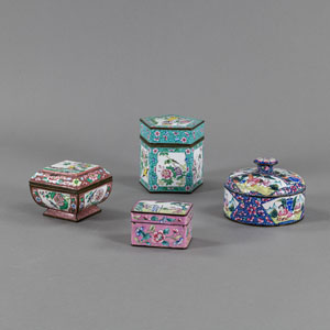 <b>FOUR CANTON-ENAMEL BOXES AND WITH COVERS</b>