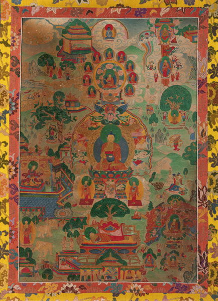 <b>Zwei Thangkas mit Darstellungen einer Schutzgottheit auf Pferd und des Buddha Shakyamuni</b>