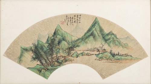 <b>A MOUNTAIN LANDSCAPE FAN PAINTING BY ZHU ANGZHI (1764-CA.1841)</b>