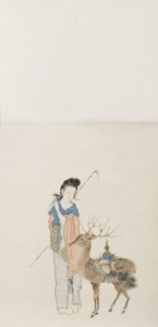 <b>A PAINTING DEPICTING A FEMALE IMMORTAL WITH A DEER CARRYING LUCKY FRUITS. INK AND COLORS ON PAPER, MOUNTED AS A HANGING SCROLL</b>