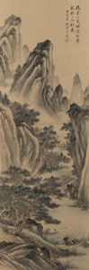 <b>A MOUNTAIN LANDSCAPE PAINTING BY YAO SONGJIU/YAO ZHEN (1905-1971). INK AND COLORS ON SILK, HANGING SCROLL</b>