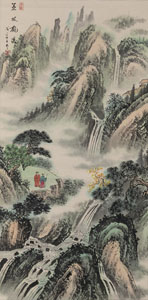 <b>TWO PAINTINGS ON PAPER: A MOUNTAIN LANDSCAPE WITH TWO SCHOLARS AND A WATERFALL; A RIVER LANDSCAPE</b>