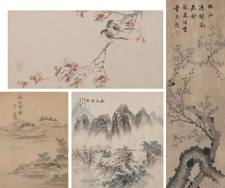 <b>FOUR PAINTINGS OF LANDSCAPES, BIRDS, AND PLUM BLOSSOMS</b>