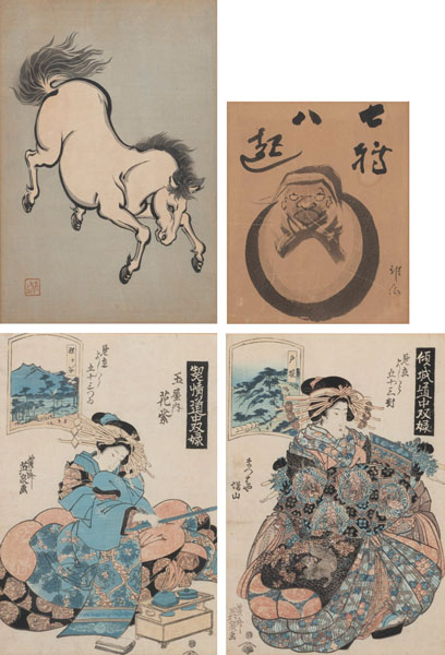 <b>Zwei Farbholzschnitte von Keisai Eisen (1790-1848), ein Holzschnitt mit Pferdedarstellung und eine Zen-Malerei</b>