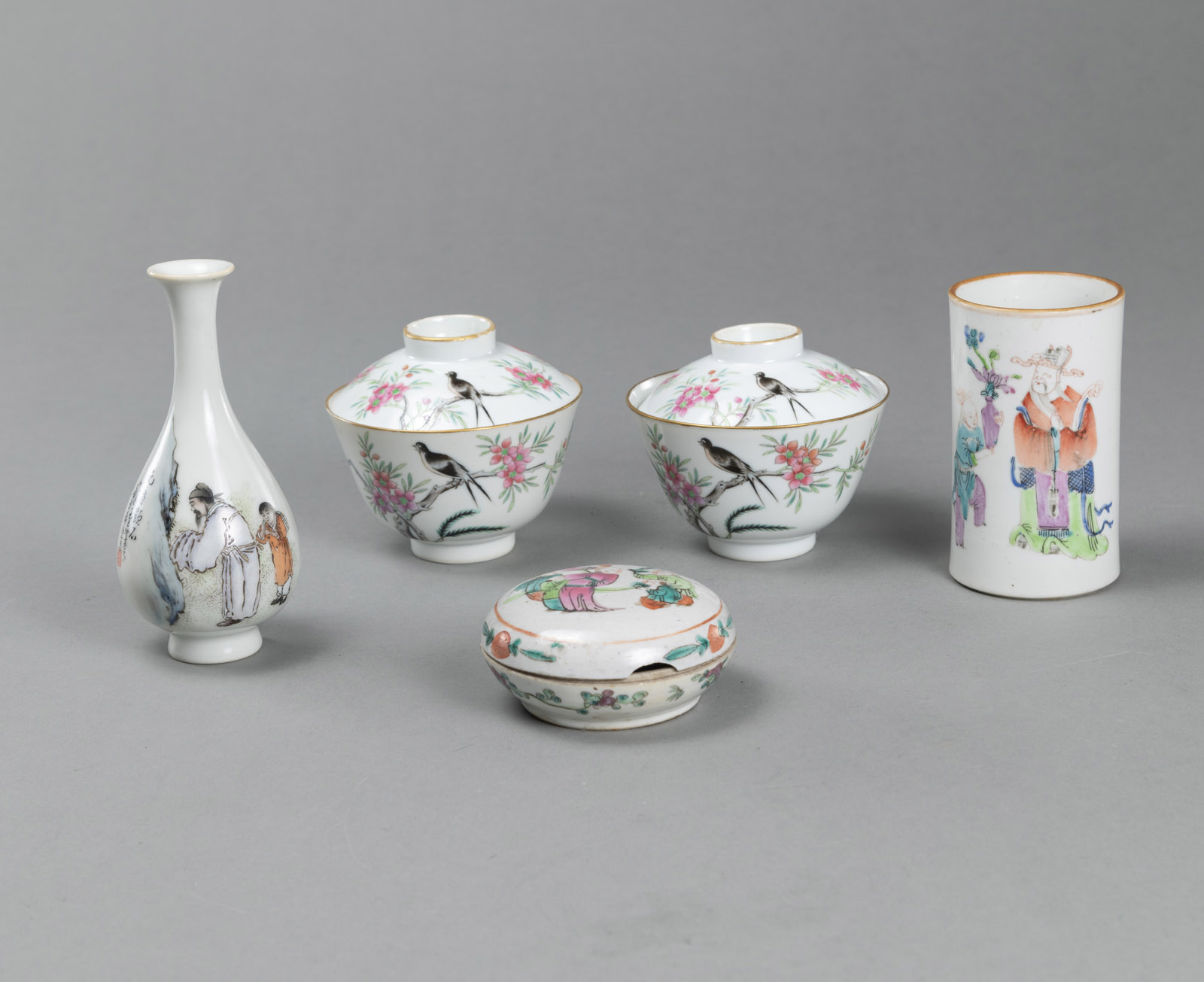 <b>TWO LIDDED 'FAMILLE ROSE' BOWLS, A SEAL WAX BOX, A BRUSHPOT, AND A BOTTLE VASE</b>