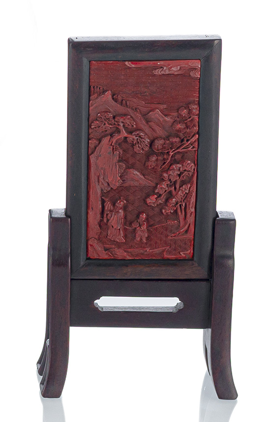 <b>A FINE CARVED CINNABAR LACQUER PANEL MOUNTED AS WOODEN TABLE SCREEN</b>