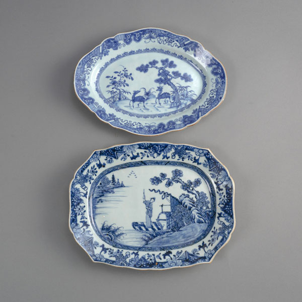<b>TWO BLUE AND WHITE DEER AND FIGURES PORCELAIN TRAYS</b>