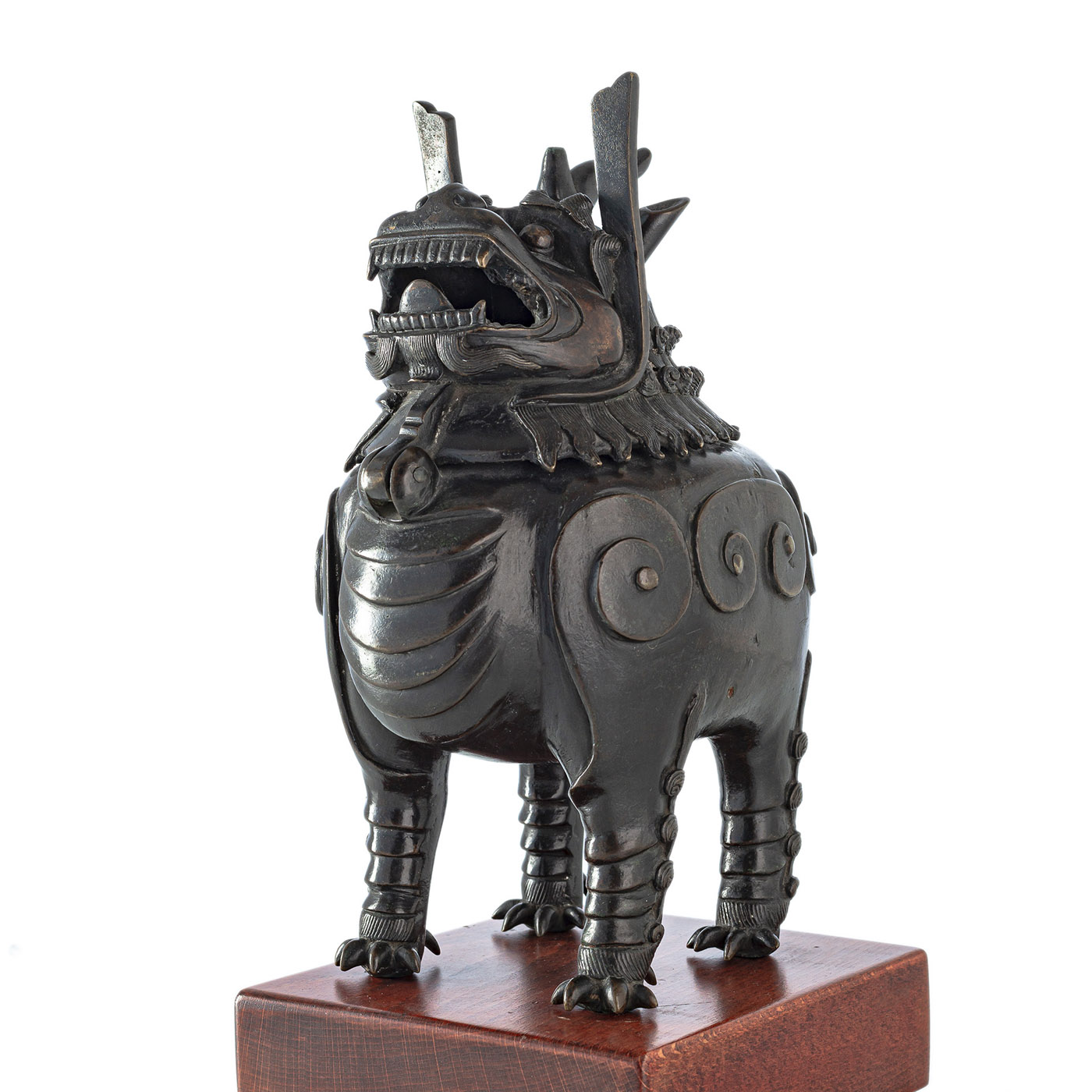 <b>A BRONZE CENSER IN FORM OF A STANDING LUDUAN ON WOOD STAND</b>