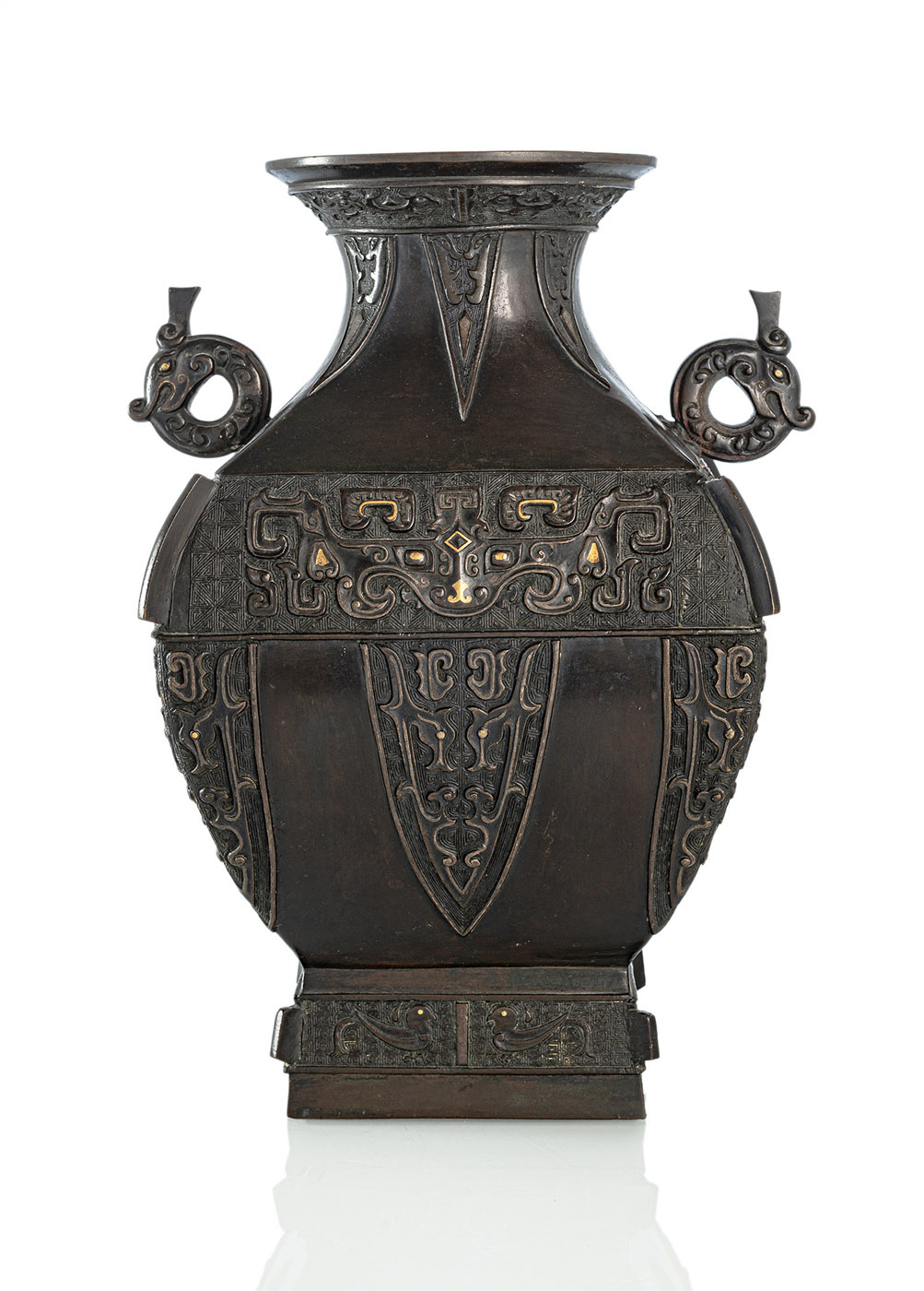 <b>A FINE HU-SHAPED BRONZE VASE WITH GOLD- AND SILVER INLAYS</b>