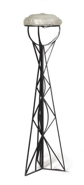 <b>AN ART DECO IRON STEEL LAMP WITH A GLASS PLAFONNIER BY SABINO PARIS</b>