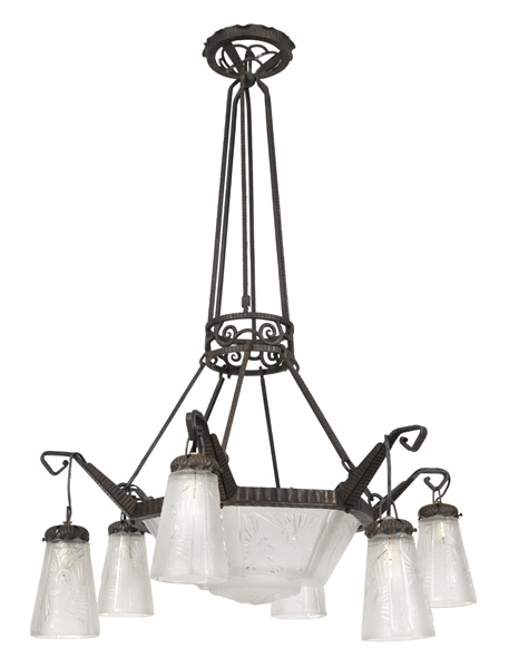 <b>A FRENCH ART-DECO IRON AND GLASS CHANDELIER</b> <b>A FRENCH ART-DECO IRON AND GLASS CHANDELIER</b>
