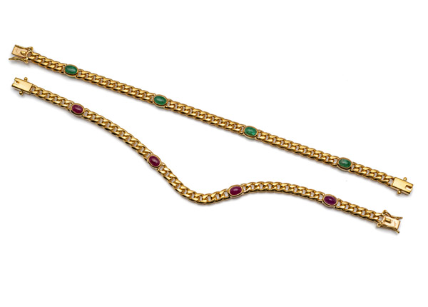 <b>TWO GOLD AND COLOURED STONE BRACELETS</b>