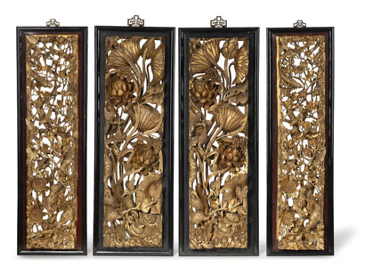 <b>FOUR GILT-WOOD OPENWORK CARVINGS</b>