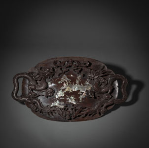 <b>A MOTHER-OF-PEARL-INLAID DRAGON-HANDLED WOOD TRAY</b>