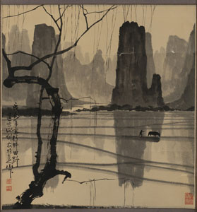 <b>XIE JIAN'AN (B. 1927): GUILIN MOUNTAIN LANDSCAPE PAINTING. INK ON PAPER, HANGING SCROLL</b>