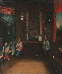 <b>AN INTERIOR OIL PAINTING DEPICTING LADIES PLAYING MUSIC</b>
