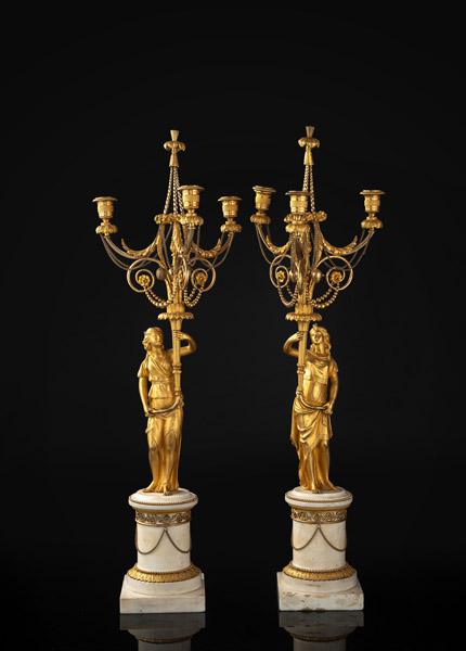 <b>AN EXCEPTIONAL PAIR OF LOUIS XVI ORMOLU AND WHITE MARBLE FIGURAL THREE LIGHT GIRANDOLES</b>