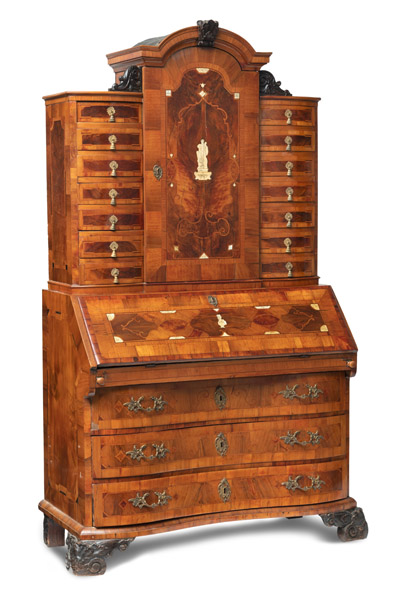 <b>A BAROQUE BRASS MOUNTED WALNUT ASH PLUM AND ROOTWOOD WRITING CABINET WITH IVORY AND BONE INLAY</b>