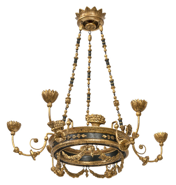 <b>A NEOCLASSICAL PAINTED AND GILTWOOD SIX LIGHT CANDELABRA</b>