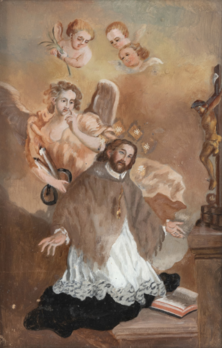 <b>Hinterglasbild - Johannes Nepomuk im Gebet vor dem Kruzifix</b>
