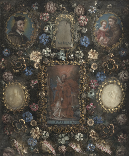 <b>Klosterarbeit mit Nepomuks-Zunge, Heiligem Matthias, Antonius von Padua und Johannes Nepomuk</b>