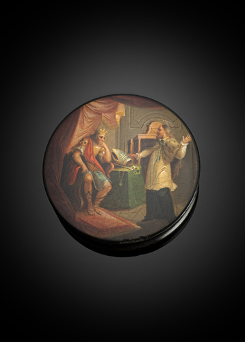 <b>Lacktabatiere mit Darstellung des Johannes Nepomuk vor König Wenzel</b>