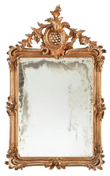 <b>A BAROQUE STYLE CARVED WOOD, STUCCO SILVERED AND GILT DECORATIVE MIRROR</b>
