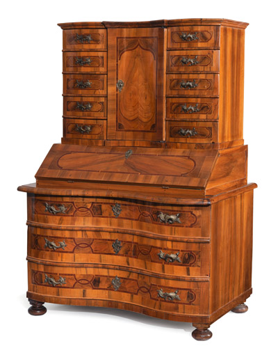 <b>A GERMAN BRASS MOUNTED WALNUT AND PLUM BUREAU CABINET A-TROIS-CORPS</b>