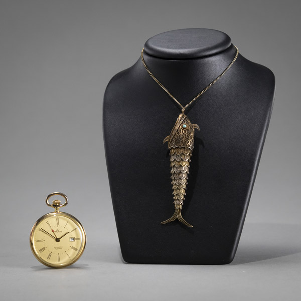 <b>A FILIGREE SILVER FISH PENDANT AND A POCKET WATCH</b>