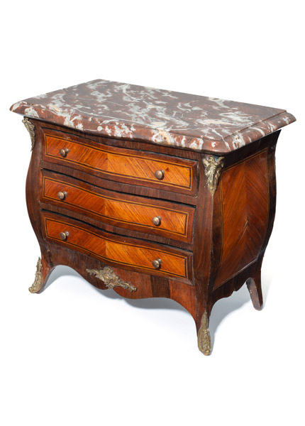 <b>A FRENCH LOUIX-XV-STYLE BRASS MOUNTED KING WOOD MODEL COMMODE</b>