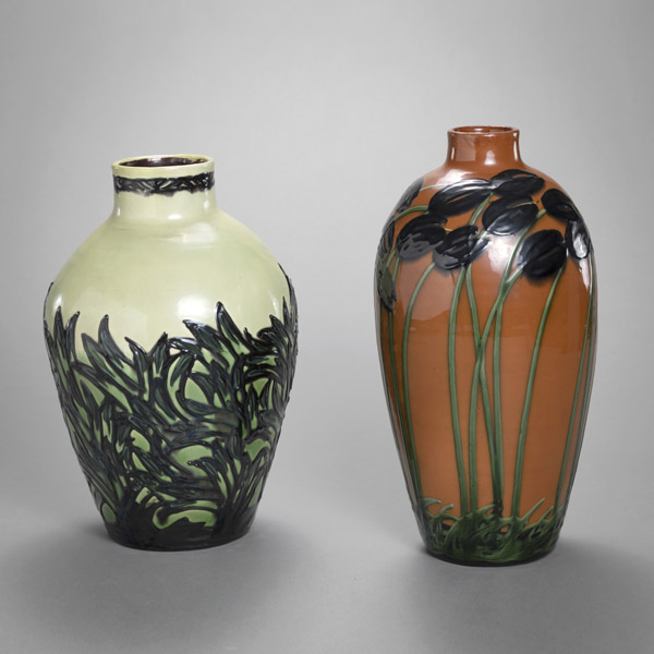 <b>TWO FLORAL TOOLED MAIOLICA VASES</b>