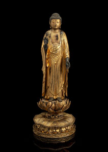 <b>Figur des Amida Nyorai aus Holz mit goldfarbener Lackfassung</b>