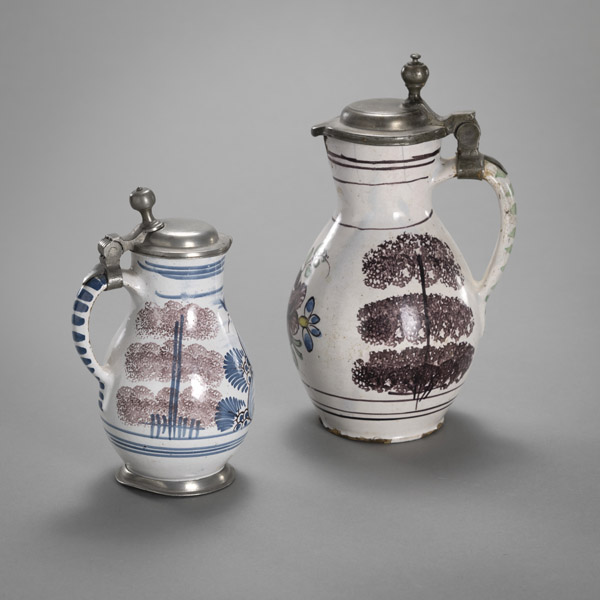 <b>TWO GERMAN PEWTER MOUNTED FAIENCE SMALL JARS</b>