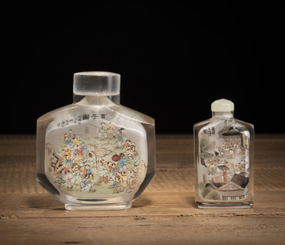 <b>A LARGE 'HUNDRES BOYS' TABLE SNUFFBOTTLE AND A SNUFFBOTTLE DEPICTING THE 'QINGMING SCROLL', BOTH INSIDE PAINTED</b> <b>A LARGE 'HUNDRES BOYS' TABLE SNUFFBOTTLE AND A SNUFFBOTTLE DEPICTING THE 'QINGMING SCROLL', BOTH INSIDE PAINTED</b>
