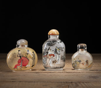 <b>THREE GLASS SNUFF BOTTLES WITH FINE INSIDE PAINTING OF 'THE SEVEN SAGES OF THE BAMBOO GROVE', 'THE NIGHT REVELS OF HAN XIZAI' AND 'THREE (GENERALS) FIGHTING AGAINST LÜ BO'</b>