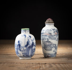 <b>TWO BLUE AND WHITE PORCELAIN SNUFF BOTTLES DEPICTING THE WEDDING OF ZHONG KUI'S SISTER AND A MEETING OF TWO SCHOLARS, PARTIALLY IN COPPER RED</b>