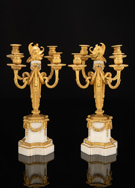 <b>A PAIR OF FRENCH FOUR LIGHT TRANSITION STYLE ORMOLU AND MARBLE CANDELABRA</b>