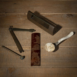 <b>A SILVER-MOUNTED JADE SCEPTRE, AN INSCRIBED BAMBOO ARMREST, AND A LOCK</b>