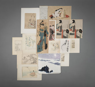 <b>A GROUP OF WOODBLOCK PRINTS AND BOOK PAGES</b>